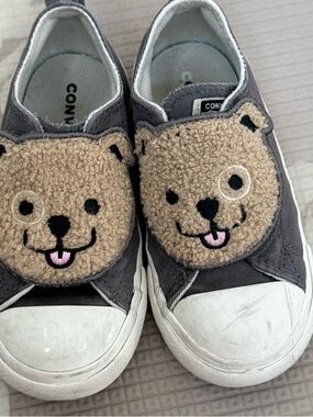 Converse Kids Gray Slip-On Sneakers with Tan Bear Appliqués
